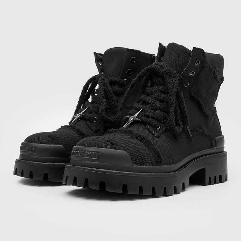 Men'S Shoes Hoka Sale - メンズハイカットプラットフォームブーツ厚底カジュアルワークブーツアウトドアキャンバスコンバットブーツ男性耐摩耗性ラグソールハイキングシューズ