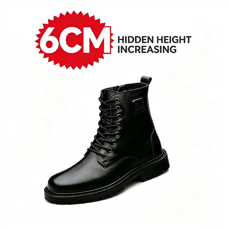 Men'S Shoes Increase Height - メンズ6cm身長アップレザーブーツ 冬用フリース裏地付き暖かいアンクルブーツ 滑り止めサイドジッパー レースアップ エレベーターブーツ