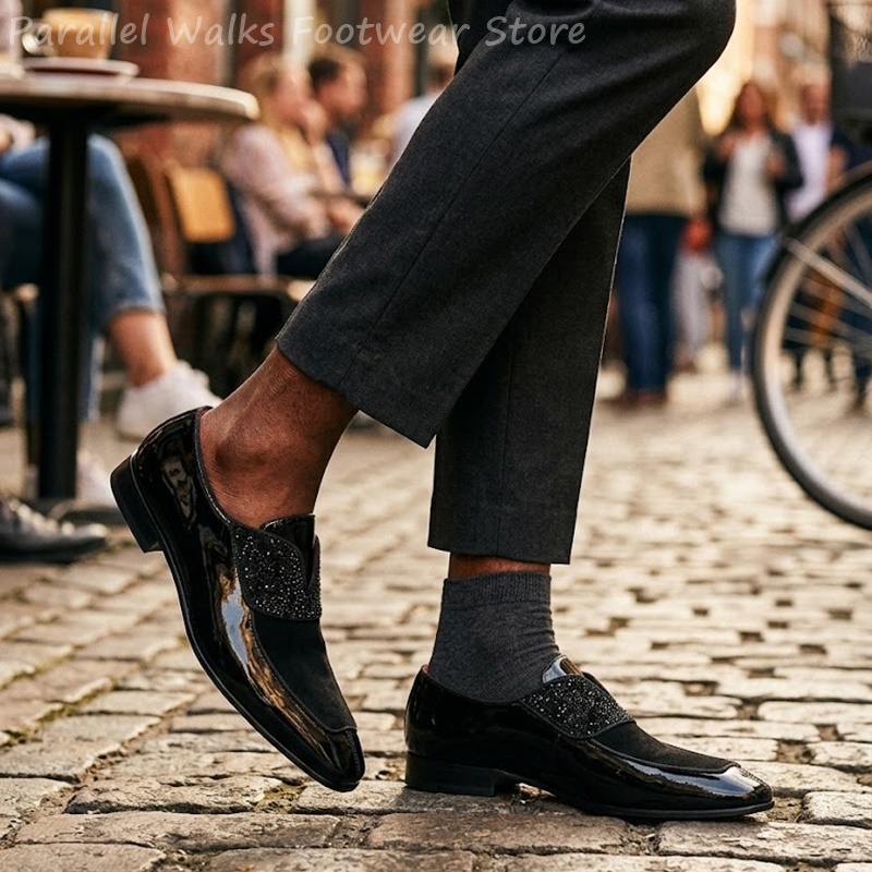 メンズブラックパテントフェイクスエードラインストーンローファ - Men'S Shoes Smart のレビューと価格